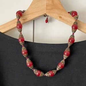 Antique-Style Red and Silver Beaded Necklace